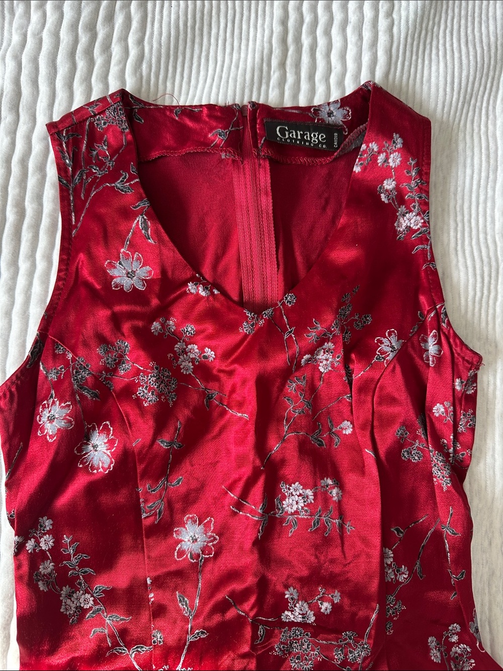 Red Satin Floral V-Neck Mini Dress